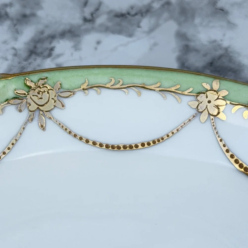 Antique Nippon Hand Painted Porcelain Cake Plate Gold Moriage Green Floral 10in